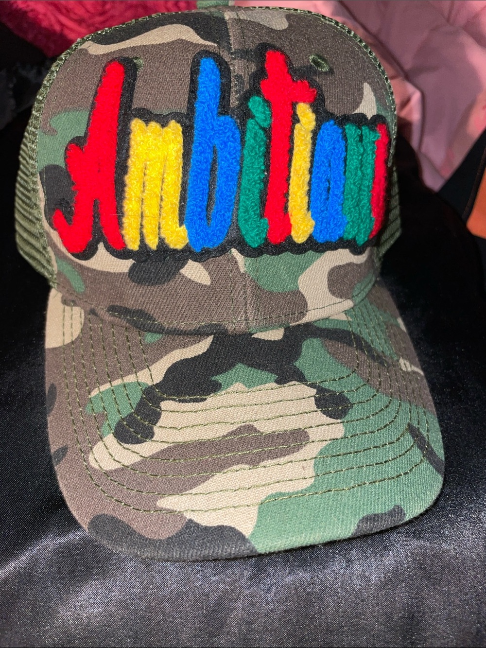 Kids Camo Trucker Hat with Multicolor 'Ambition' Patch